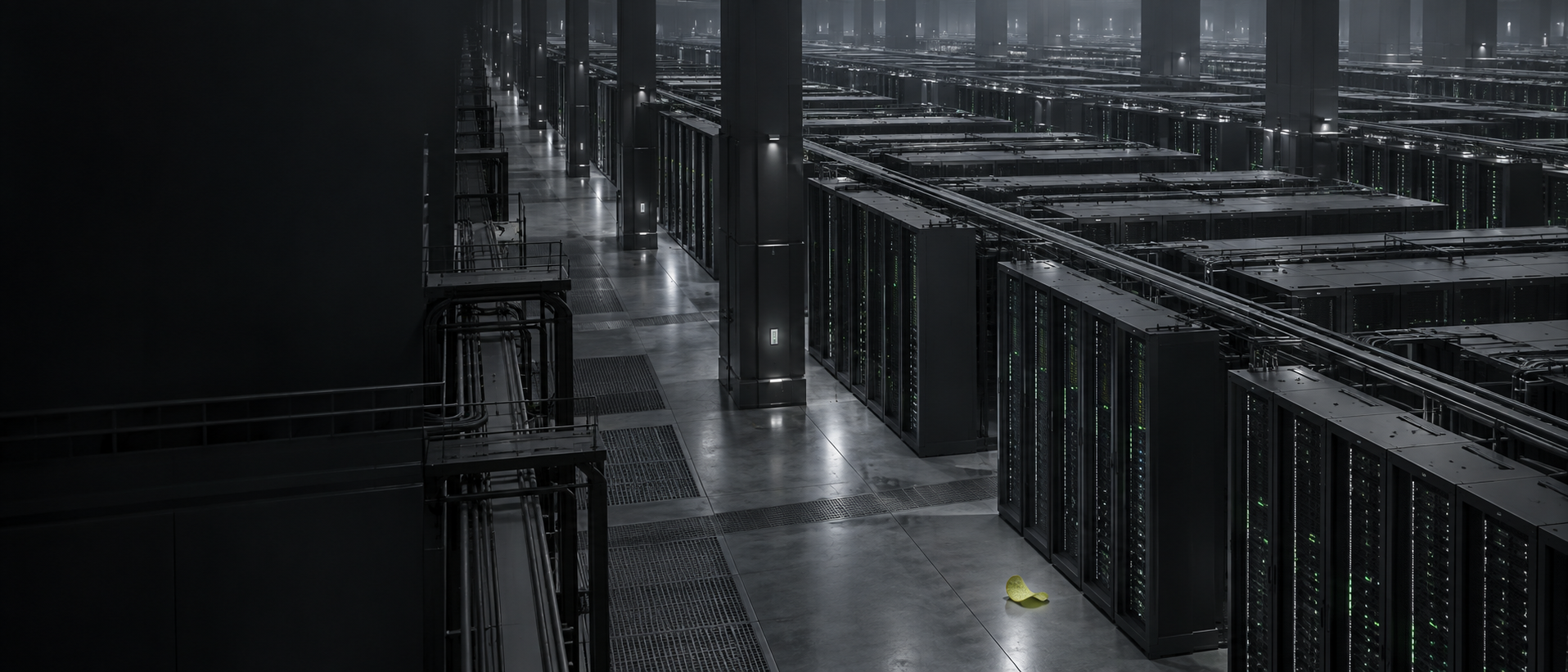 Conceptual immense compute installation, with a tiny green potato chip beside the server architecture