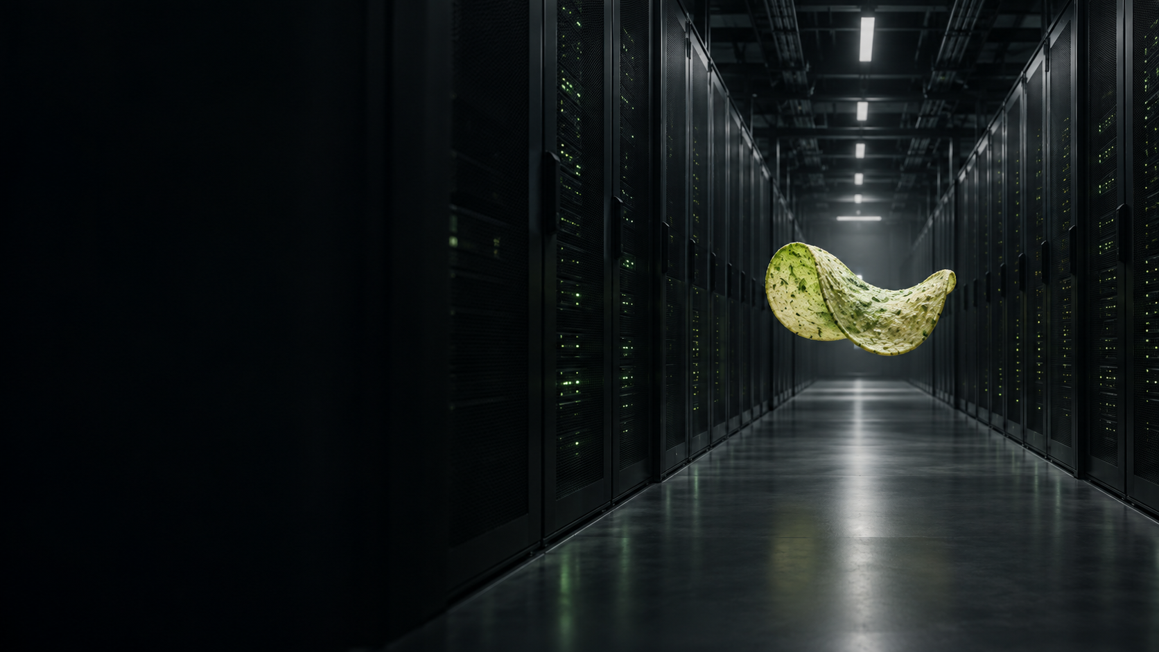 Conceptual datacenter aisle with one green potato chip among towering dark server racks